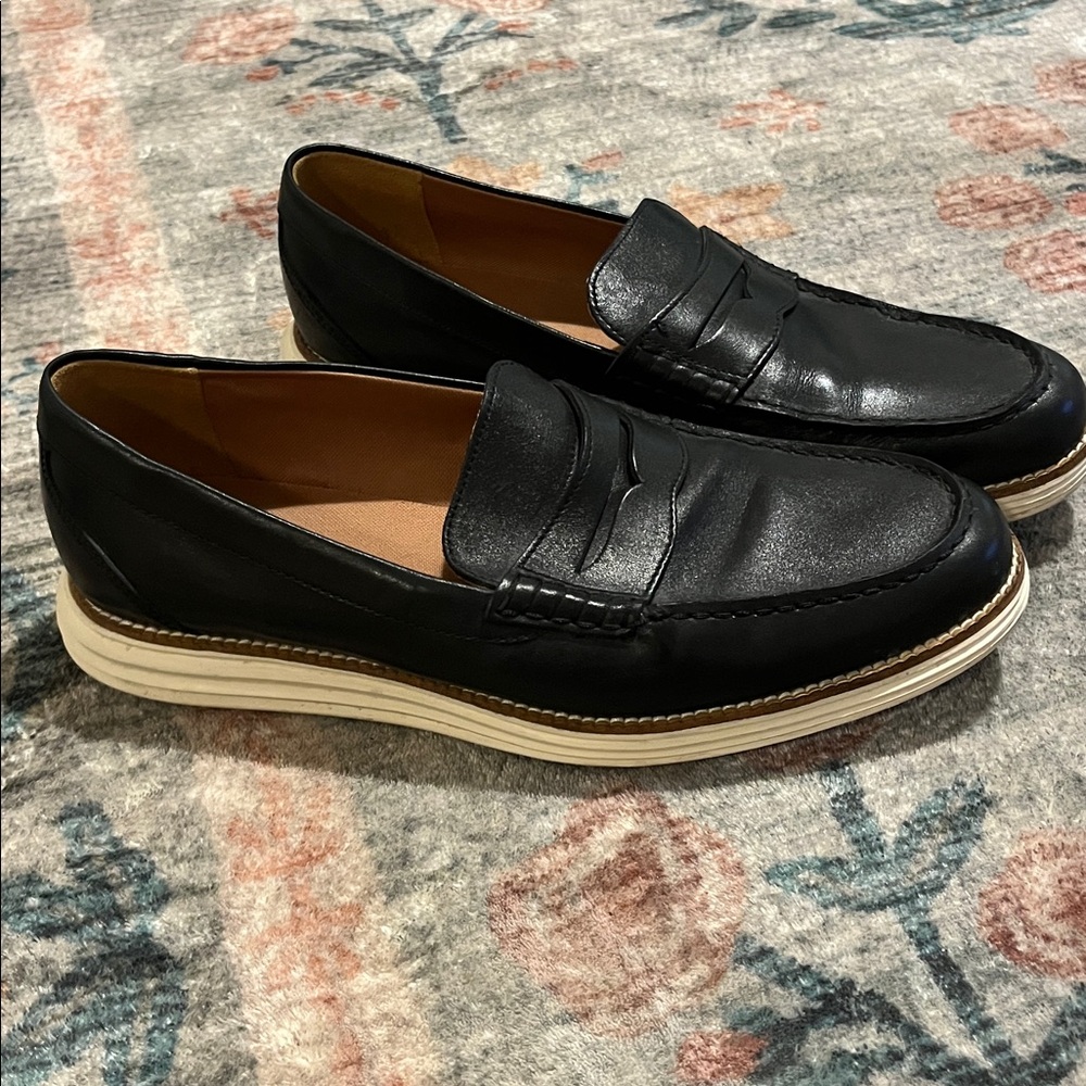 Cole Haan Black Leather Penny Loafers with Cream Sole